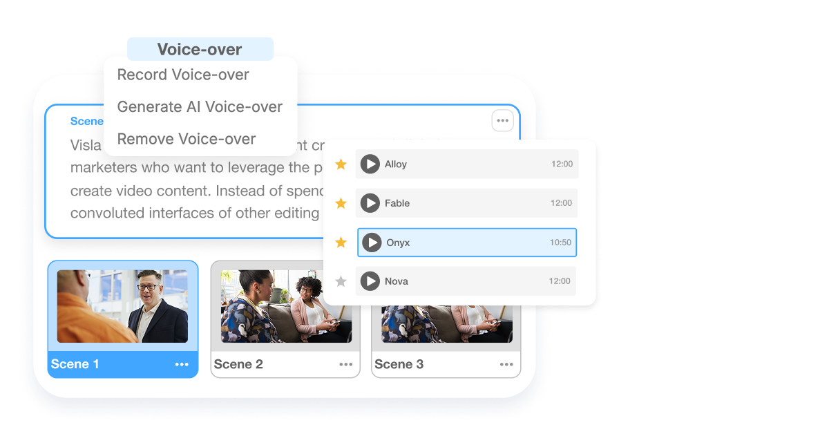 Scene-Based video editing in Visla showing the ability to update scripts on the fly. Users can instantly edit the text of any scene, and Visla's AI will update the voiceover in real-time for seamless adjustments.